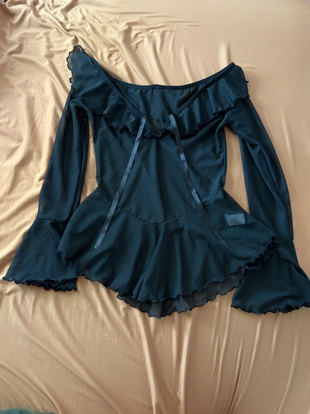 Black polyester & elastane long sleeve see through top